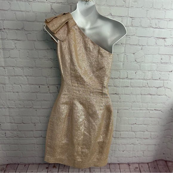 Trina Turk Gold Shimmer one shoulder embellished formal mini dress glam - Picture 7 of 11